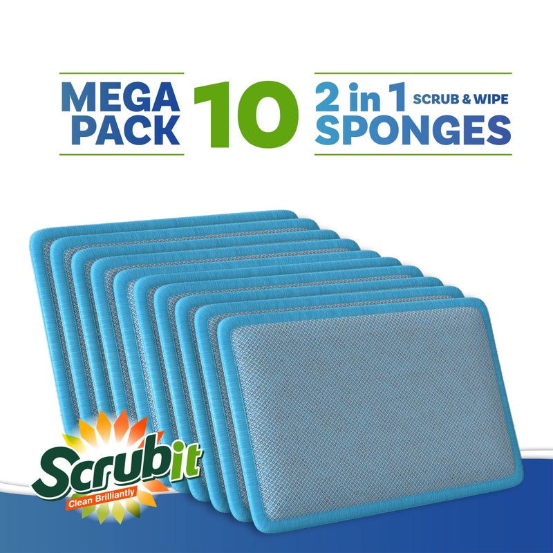 SCRUBIT Scrub and Wipe Cleaning Sponges [10 Pack] - SCRUBIT Dual Sided Scouring Pad and Sponge - Reusable Kitchen Scrubbing Sponges for Dishes, Pots, Pans Utensils & Non-Stick Cookware (Blue) - Image 2